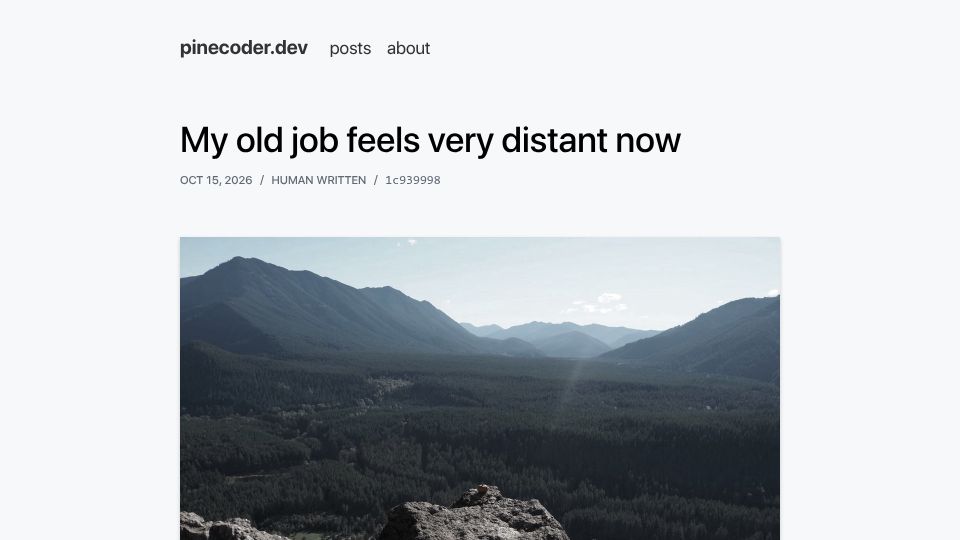 Screenshot of pinecoder.dev: My old job feels distant now