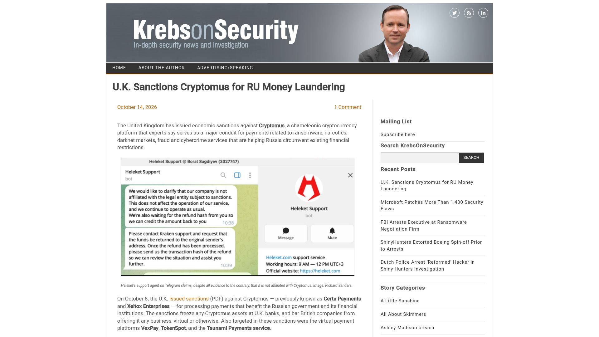 Screenshot of krebsonsecurity.com: U.K. Sanctions Cryptomus for RU Money Laundering