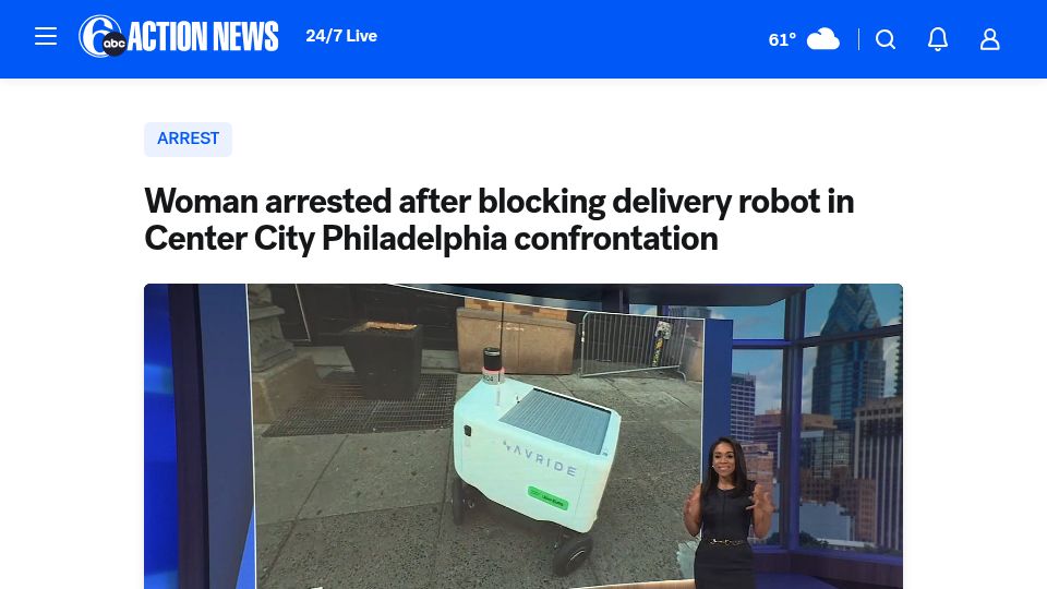 Screenshot of 6abc.com: Woman arrested after blocking delivery robot in Center City Philadelphia