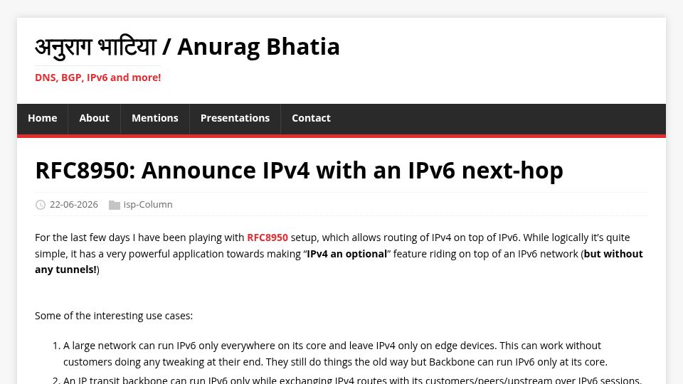 Screenshot of anuragbhatia.com: RFC8950: Announce IPv4 with an IPv6 next-hop