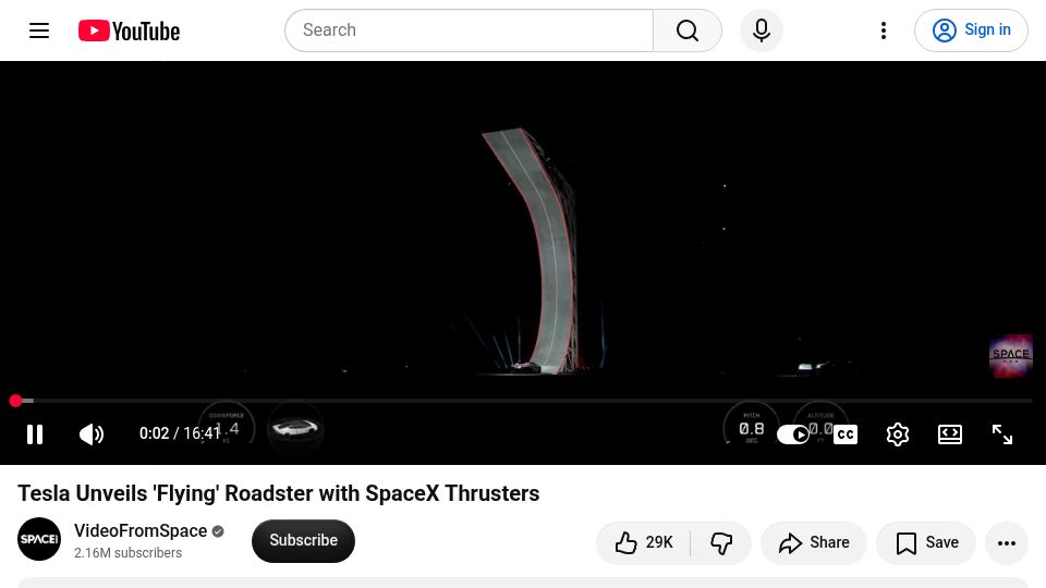 Screenshot of youtube.com: Tesla Unveils 'Flying' Roadster with SpaceX Thrusters [video]