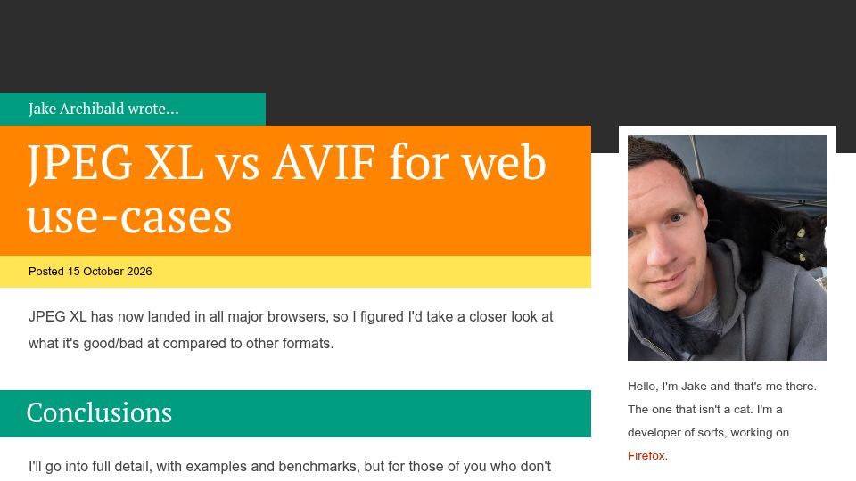 Screenshot of jakearchibald.com: JPEG XL vs. AVIF for web use-cases