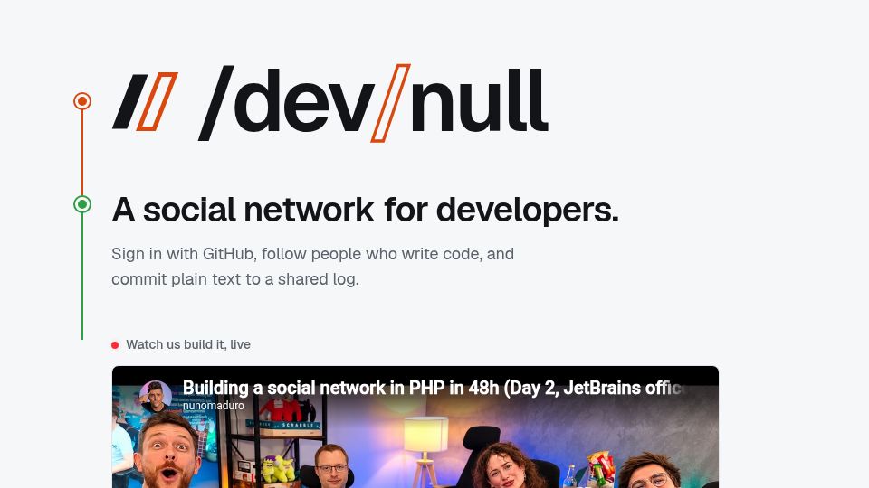 Screenshot of dev-null.sh: /dev/null: social network for developers