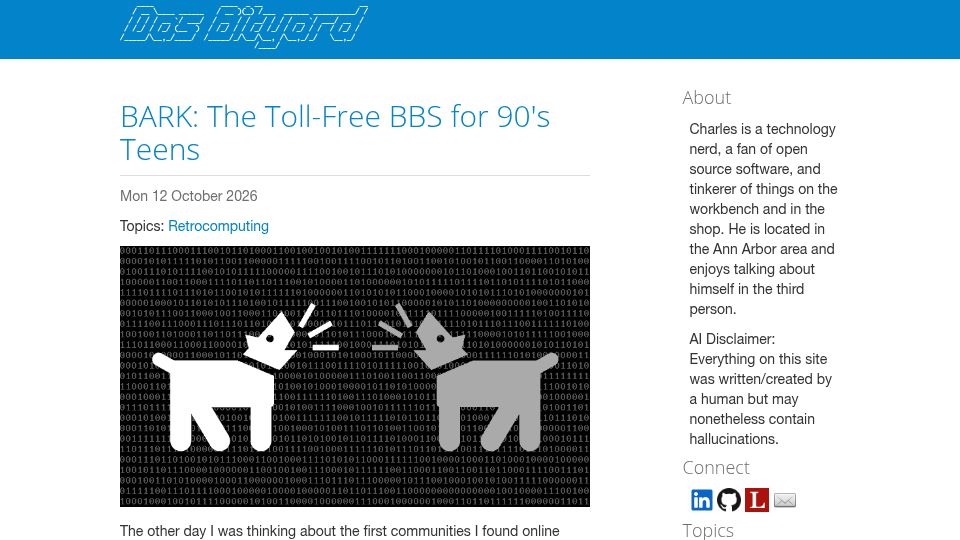 Screenshot of blog.bityard.net: Bark: The Toll-Free BBS for 90s Teens