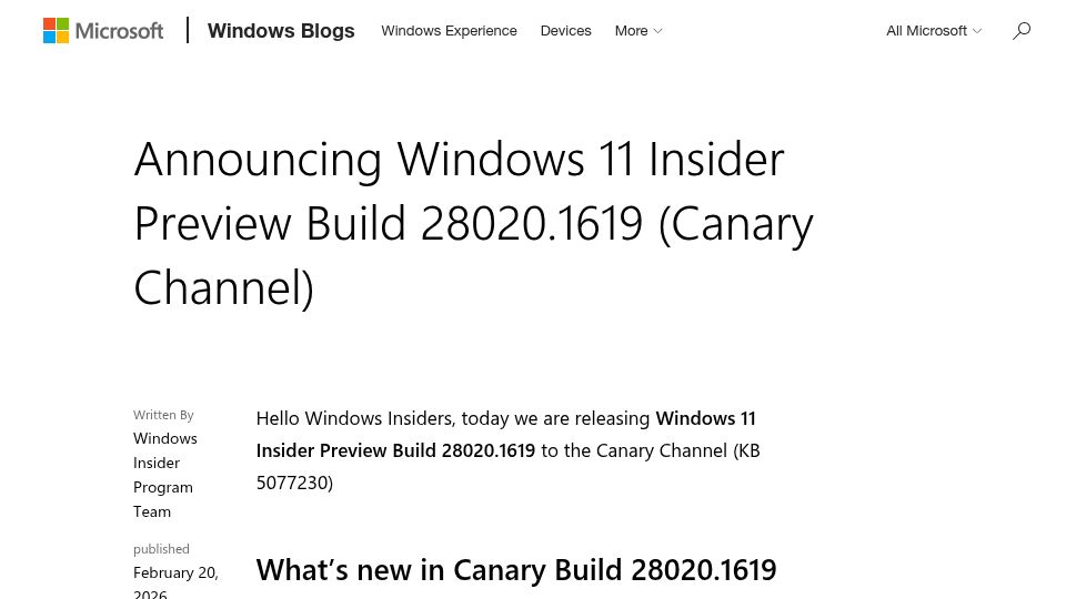 Screenshot of blogs.windows.com: MS Paint Adds Freeform Rotation (2026)