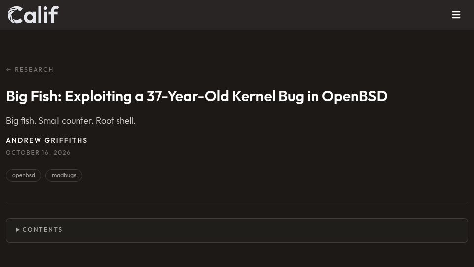 Screenshot of calif.io: Big Fish: Exploiting a 37-Year-Old Kernel Bug in OpenBSD