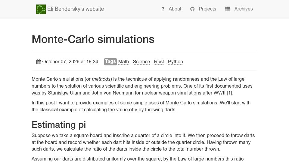 Screenshot of eli.thegreenplace.net: Monte-Carlo Simulations