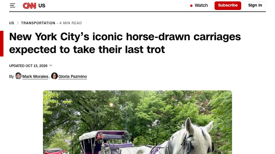 Screenshot of cnn.com: New York City's iconic horse-drawn carriages expected to take their last trot