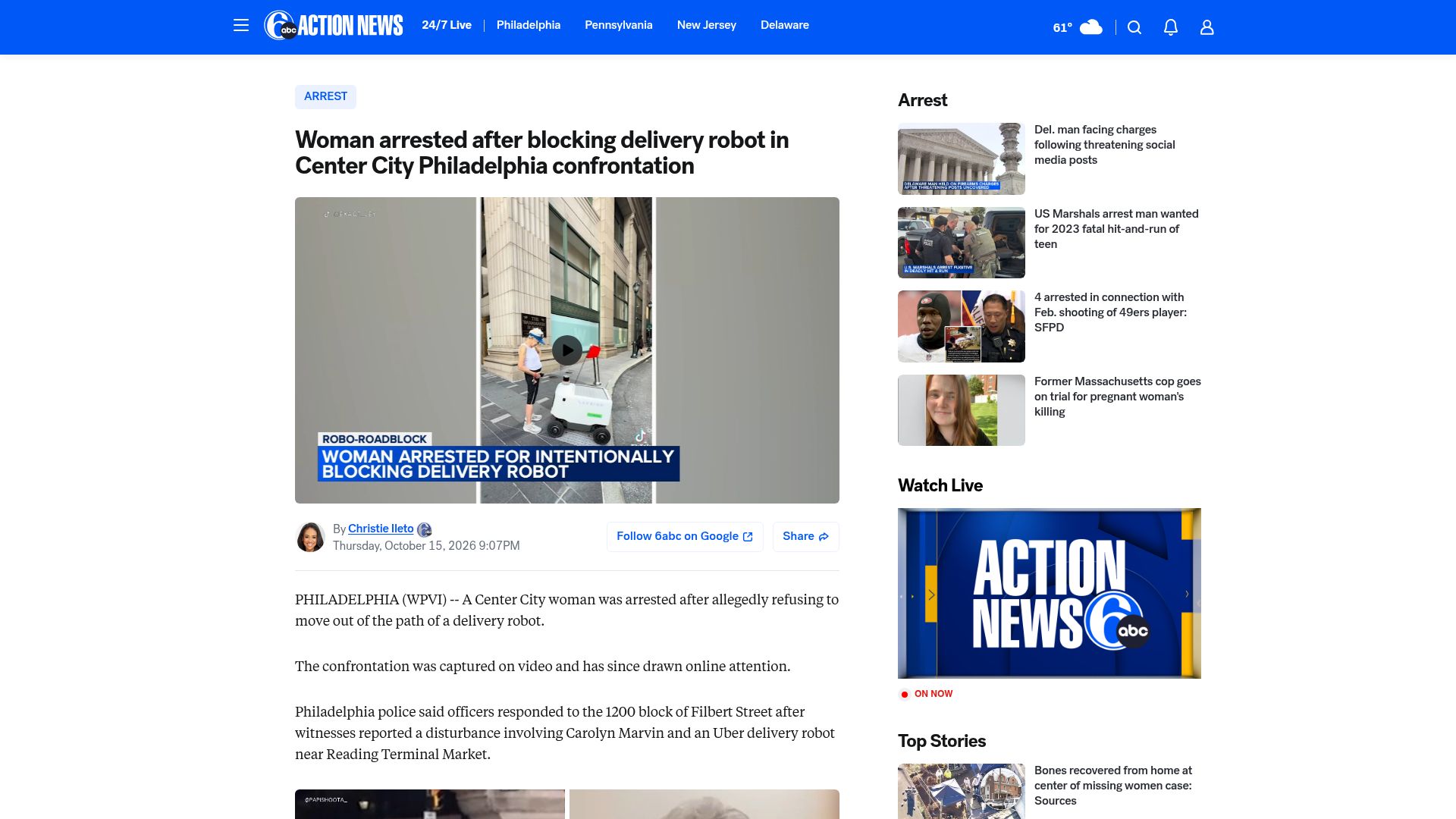 Screenshot of 6abc.com: Woman arrested after blocking delivery robot in Center City Philadelphia
