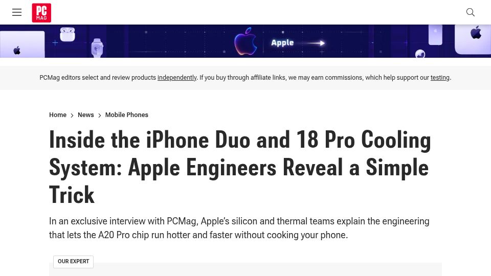 Screenshot of pcmag.com: Apple routed a graphite pipe through the iPhone Duo's hinge to dissipate heat