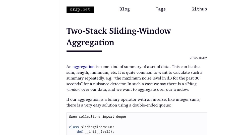 Screenshot of orlp.net: Two-Stack Sliding-Window Aggregation
