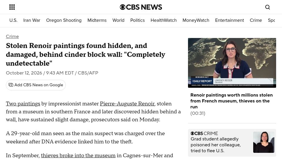 Screenshot of cbsnews.com: Stolen Renoir paintings found hidden, and damaged, behind cinder block wall