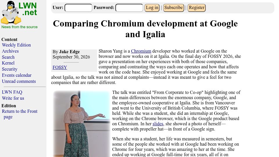 Screenshot of lwn.net: Comparing Chromium Development at Google and Igalia