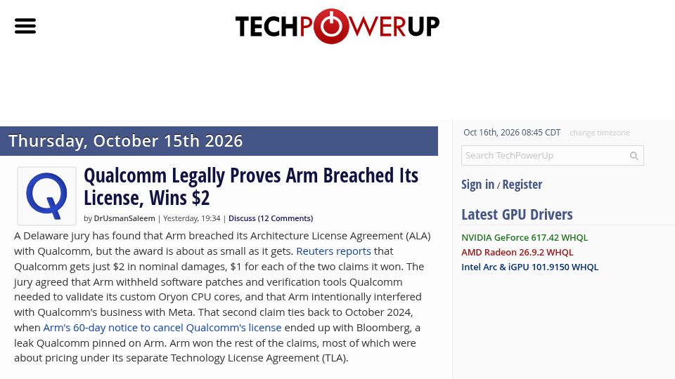 Screenshot of techpowerup.com: Qualcomm Legally Proves Arm Breached Its License, Wins $2
