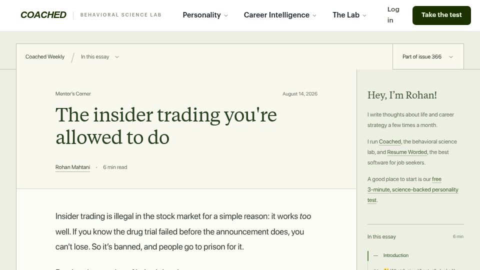 Screenshot of coached.com: The insider trading you're allowed to do