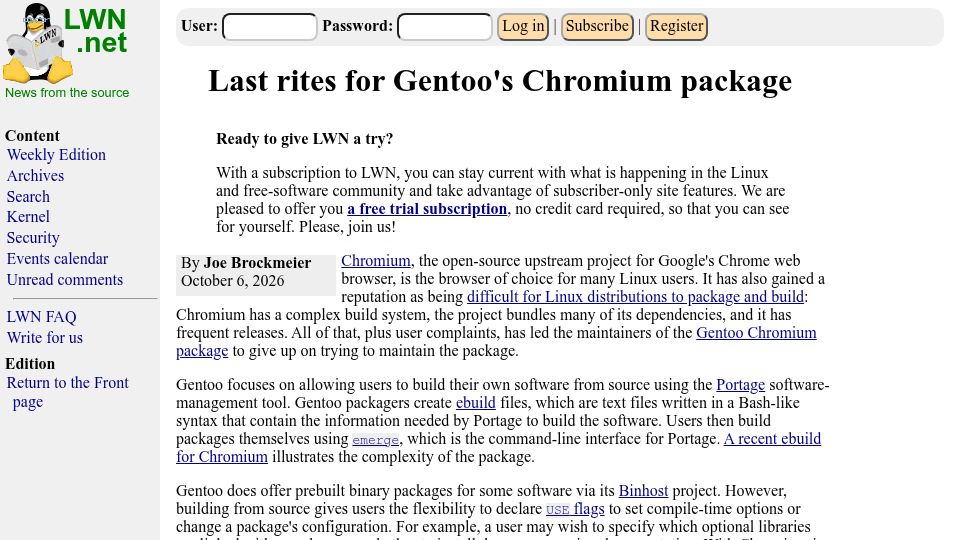 Screenshot of lwn.net: Last rites for Gentoo's Chromium package