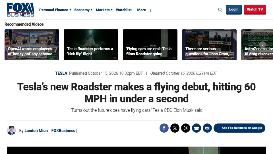 Screenshot of foxbusiness.com: Tesla's new Roadster makes a flying debut, hitting 60 MPH in under a second