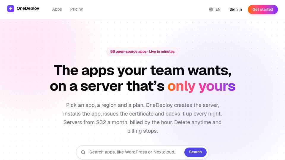 Screenshot of onedeploy.co: Show HN: OneDeploy – Managed open-source apps with nightly backups and TLS