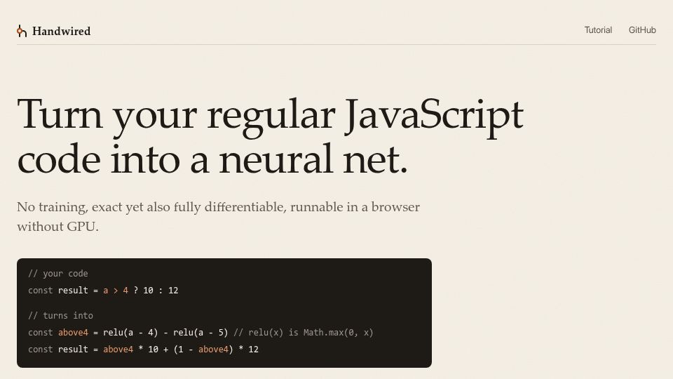 Screenshot of chenglou.me: Turn your regular JavaScript code into a neural net