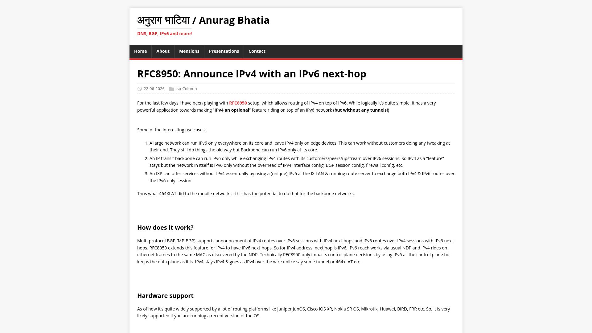 Screenshot of anuragbhatia.com: RFC8950: Announce IPv4 with an IPv6 next-hop
