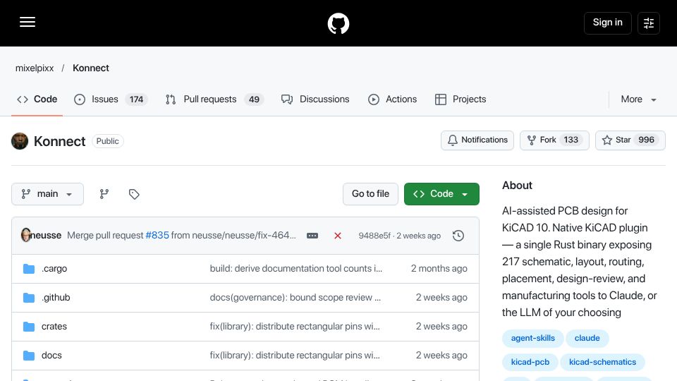 Screenshot of github.com: AI-assisted PCB design for KiCad 10