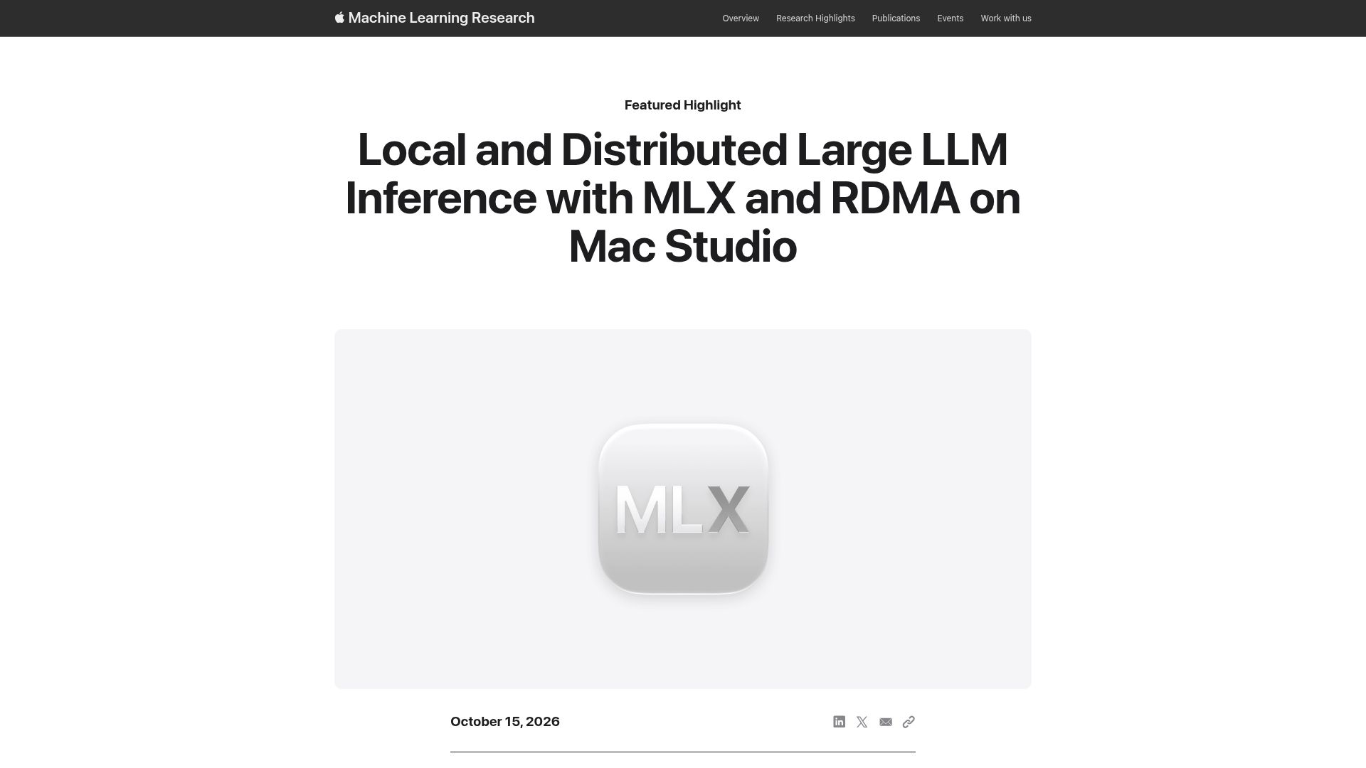 Screenshot of machinelearning.apple.com: Apple ML Research: Muse Spark Open with MLX on Mac Studio