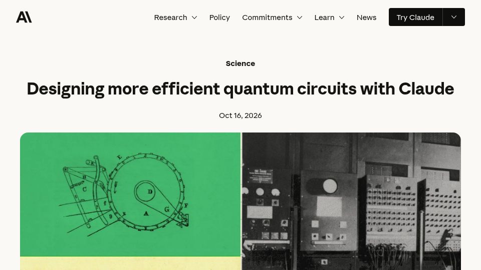 Screenshot of anthropic.com: Designing more efficient quantum circuits with Claude