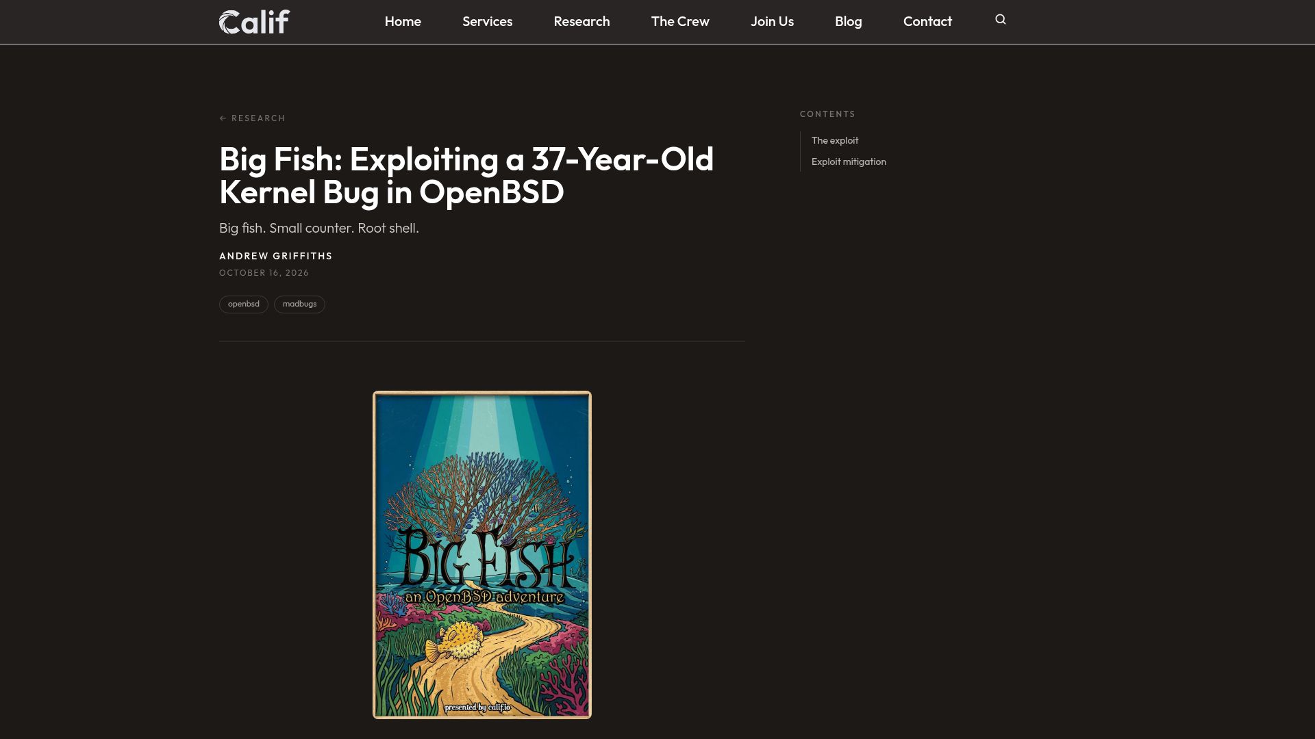 Screenshot of calif.io: Big Fish: Exploiting a 37-Year-Old Kernel Bug in OpenBSD