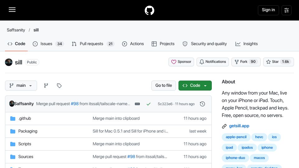 Screenshot of github.com: Any window from your Mac, on your iPhone and iPad