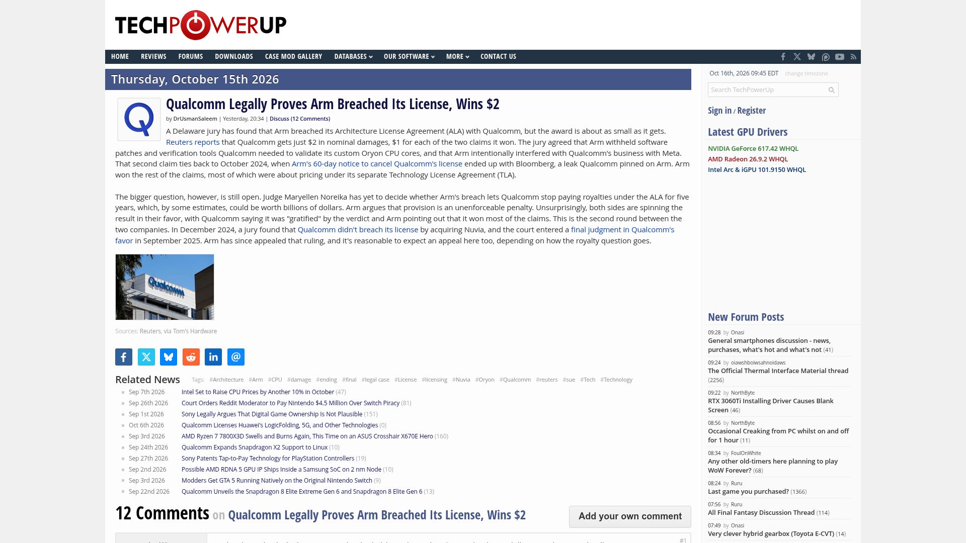 Screenshot of techpowerup.com: Qualcomm Legally Proves Arm Breached Its License, Wins $2