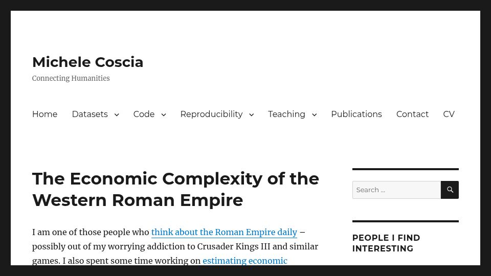 Screenshot of michelecoscia.com: The Economic Complexity of the Western Roman Empire