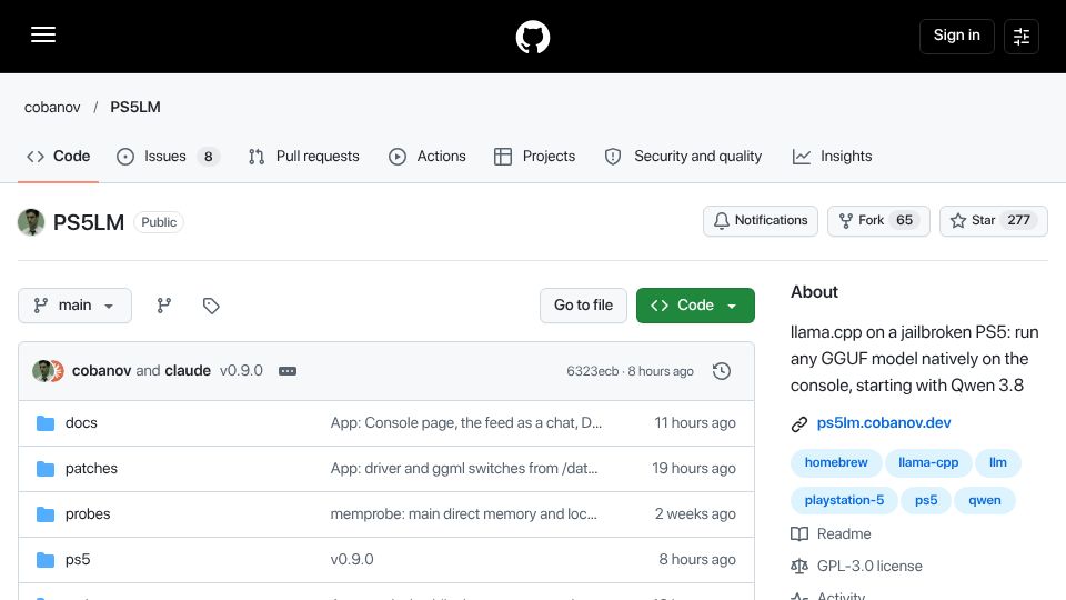 Screenshot of github.com: Llama.cpp on a jailbroken PS5: run any GGUF model natively on the console