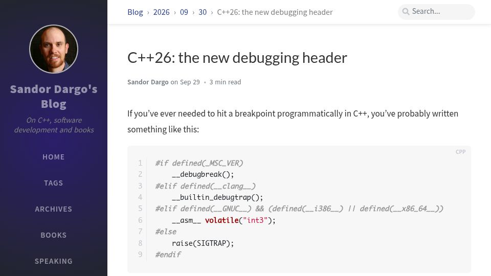 Screenshot of sandordargo.com: C++26: The New Debugging Header