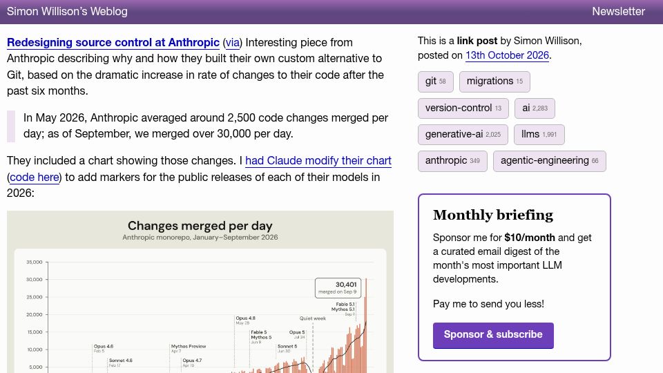 Screenshot of simonwillison.net: Redesigning Source Control at Anthropic