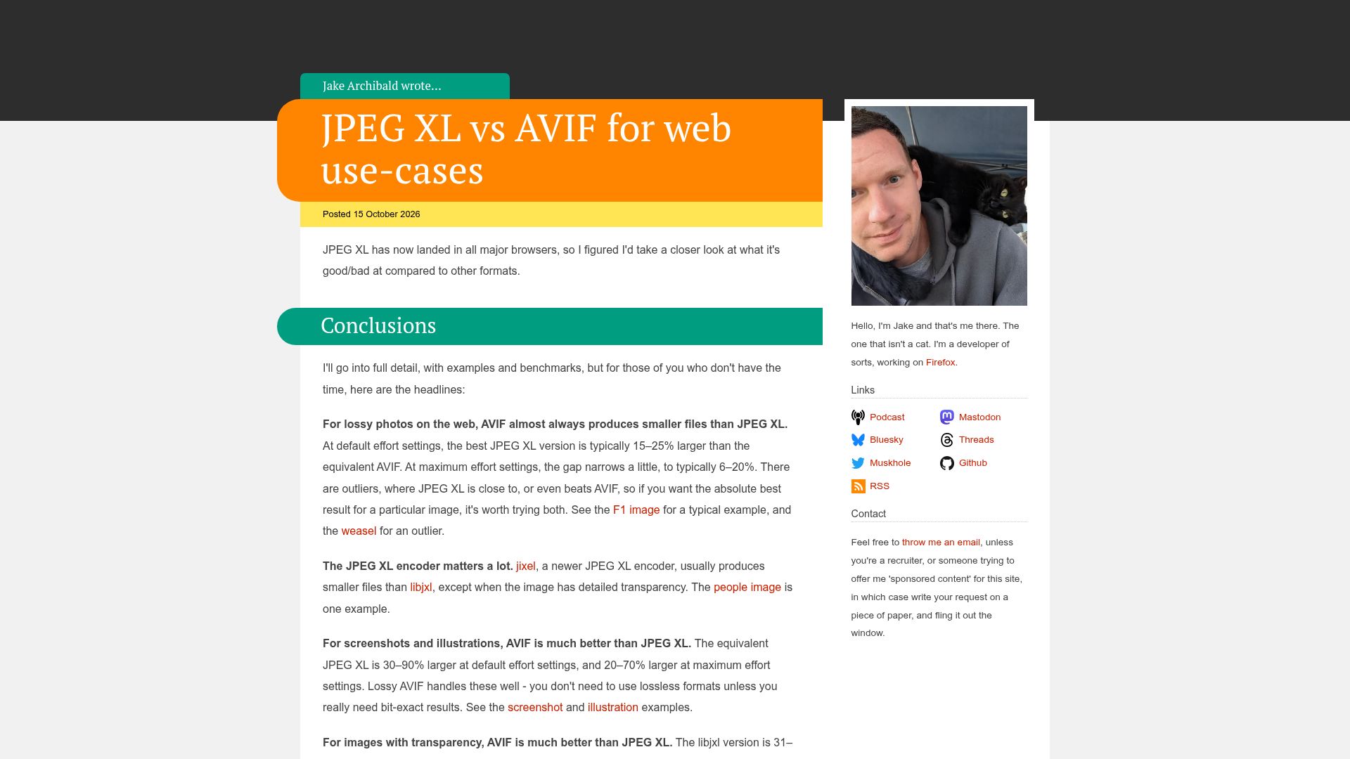 Screenshot of jakearchibald.com: JPEG XL vs. AVIF for web use-cases