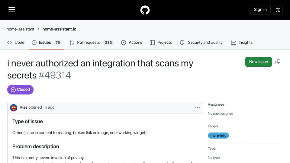 Screenshot of github.com: I never authorized an integration that scans my secrets
