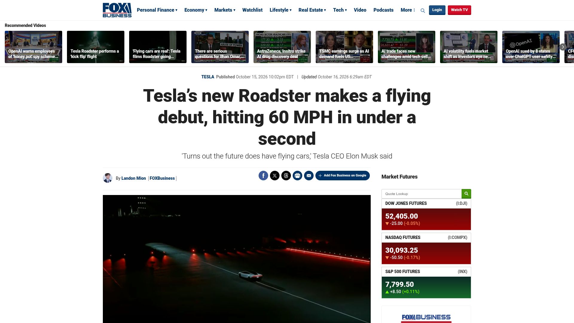 Screenshot of foxbusiness.com: Tesla's new Roadster makes a flying debut, hitting 60 MPH in under a second