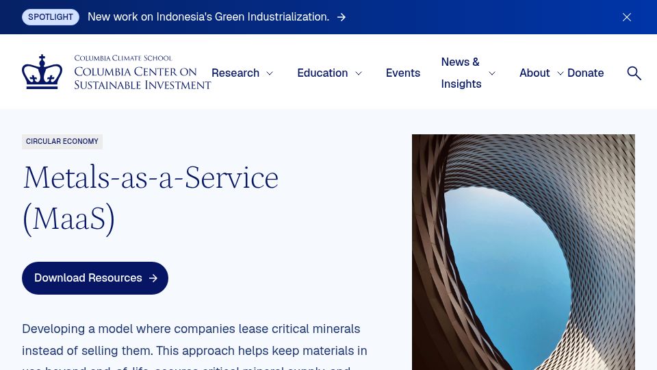 Screenshot of ccsi.columbia.edu: A model where companies lease critical minerals instead of selling them