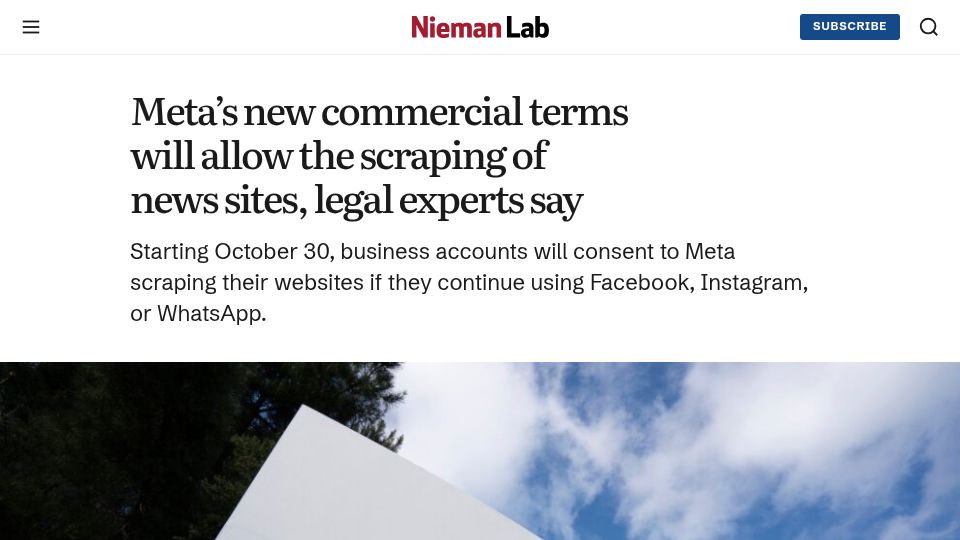 Screenshot of niemanlab.org: Meta’s new commercial terms will allow the scraping of news sites: experts