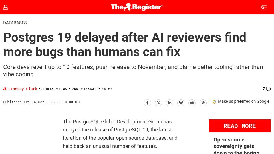 Screenshot of theregister.com: Postgres 19 delayed after AI reviewers find more bugs than humans can fix