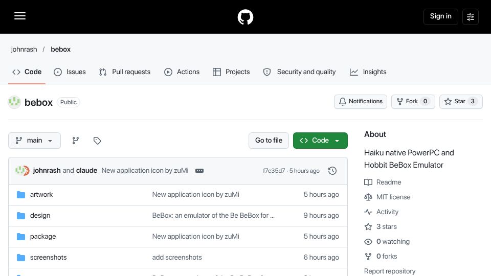 Screenshot of github.com: BeBox is a Haiku application that emulates Be Inc.'s BeBox