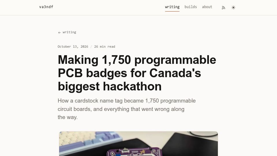 Screenshot of va3ndf.com: Making 1,750 programmable PCB badges for Canada's biggest hackathon