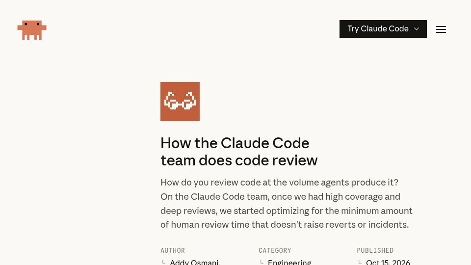 Screenshot of claude.dev: How the Claude Code team does code review