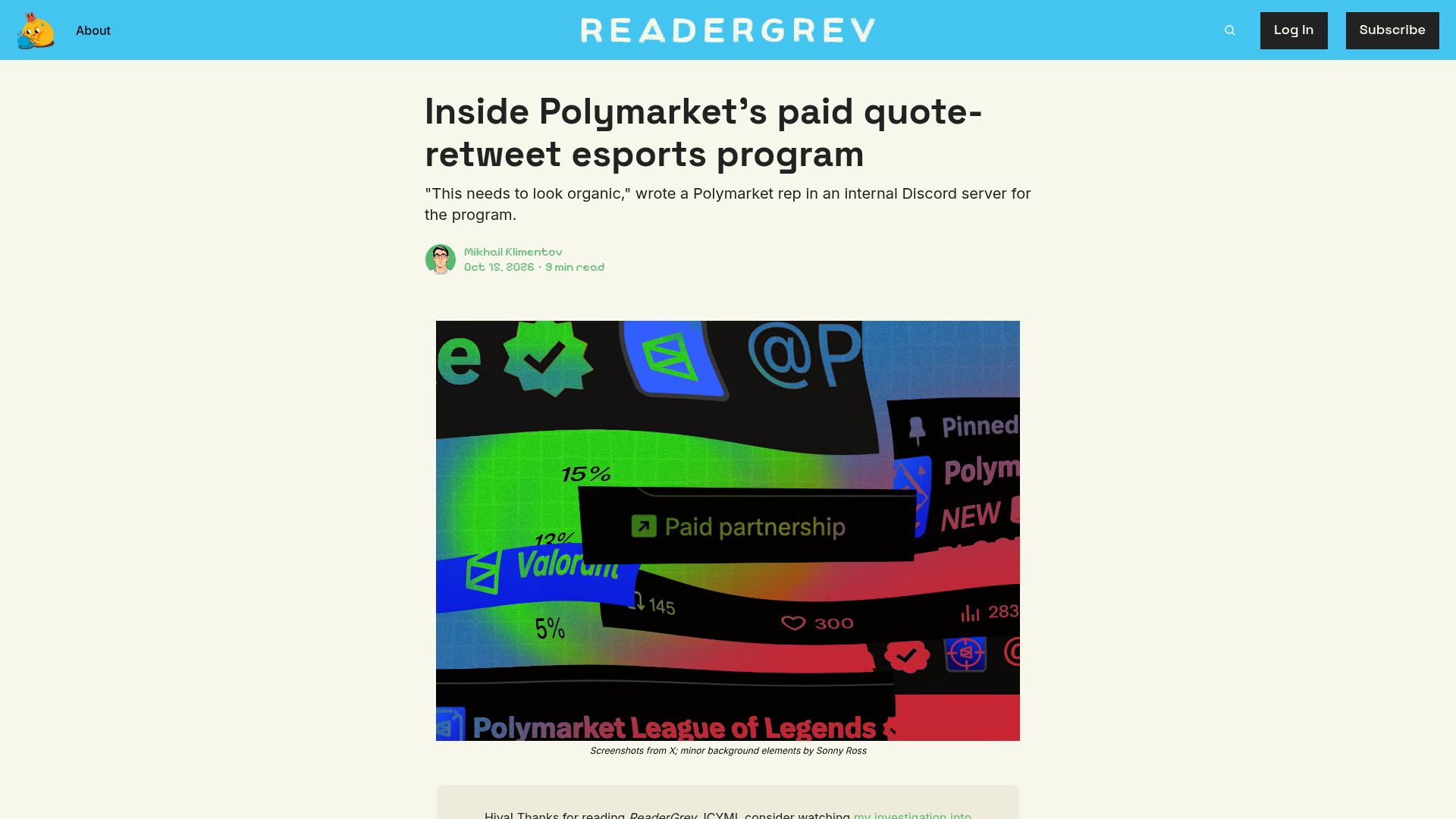 Screenshot of readergrev.com: Inside Polymarket's paid quote-retweet esports program