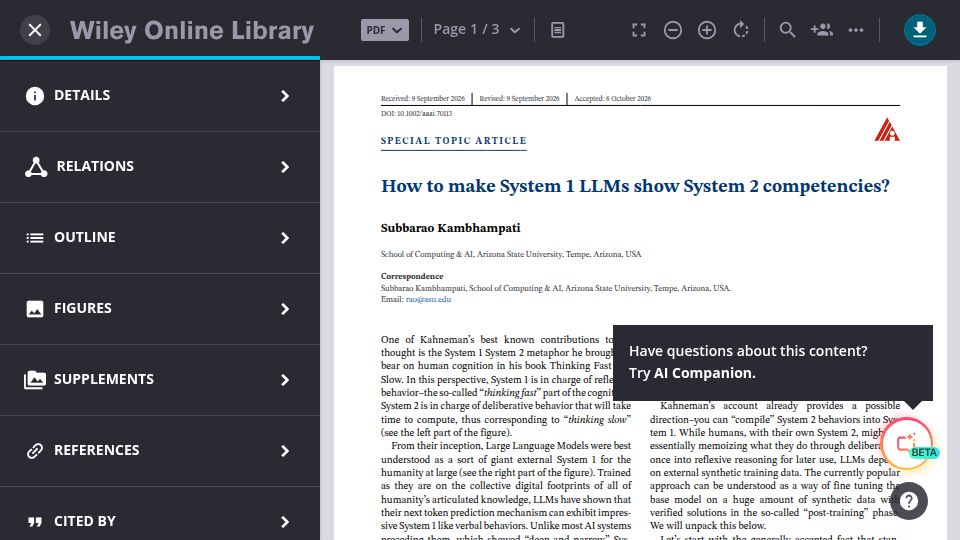 Screenshot of onlinelibrary.wiley.com: How to make System 1 LLMs show System 2 competencies?