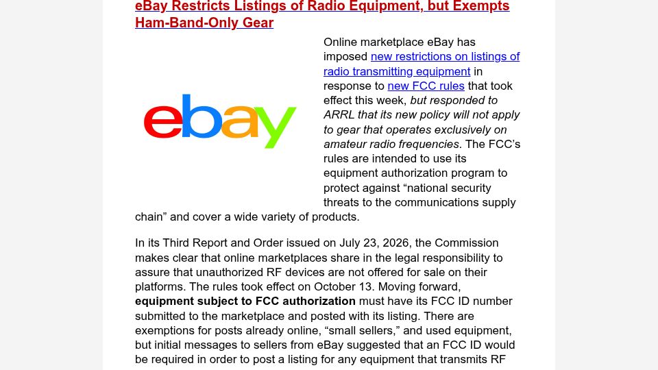 Screenshot of arrl.org: eBay Restricts Listings of Radio Equipment, but Exempts Ham-Band-Only Gear