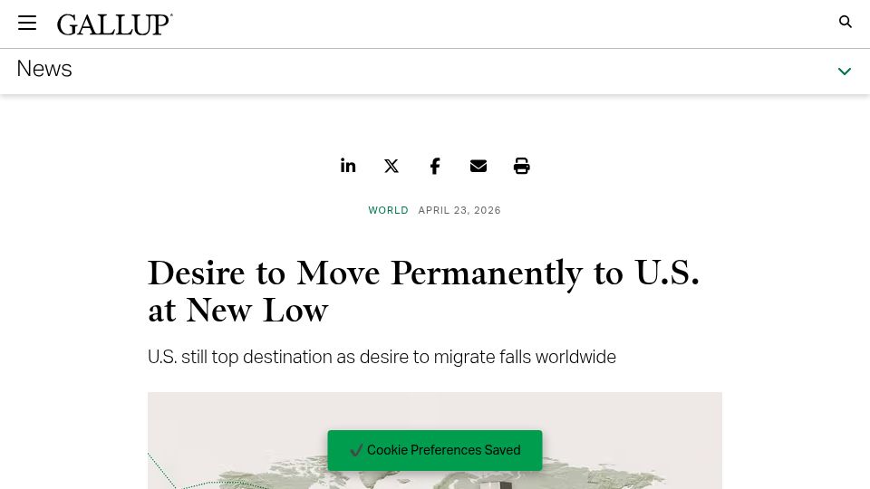 Screenshot of news.gallup.com: Desire to Move Permanently to U.S. at New Low