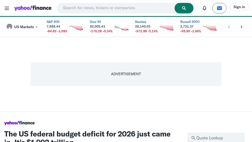 Screenshot of finance.yahoo.com: US federal budget deficit jumps 12% in one year to nearly $2 Trillion