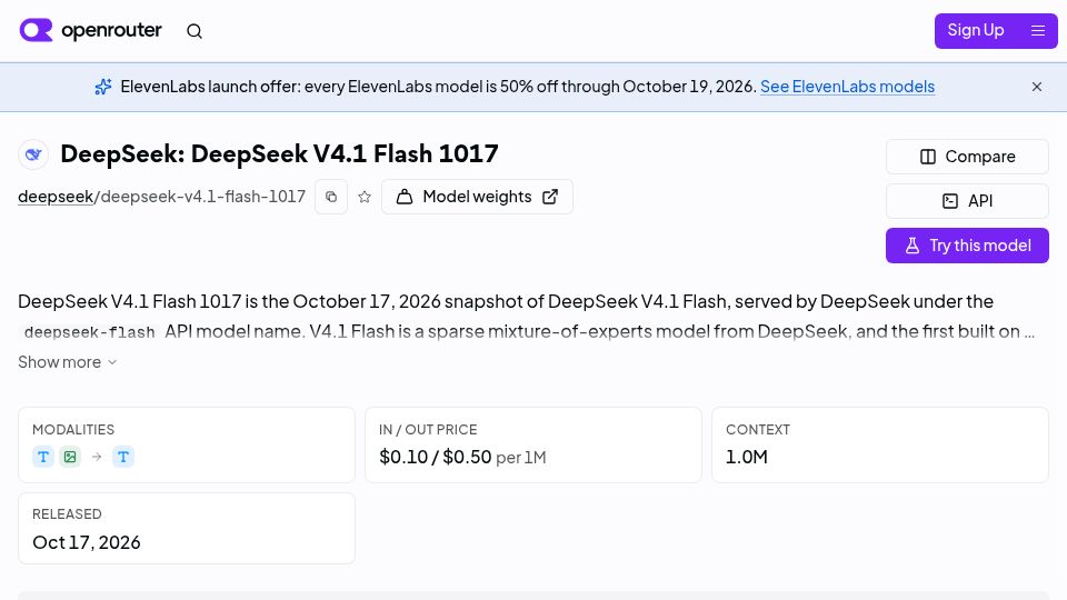 Screenshot of openrouter.ai: DeepSeek: DeepSeek v4.1 Flash 1017