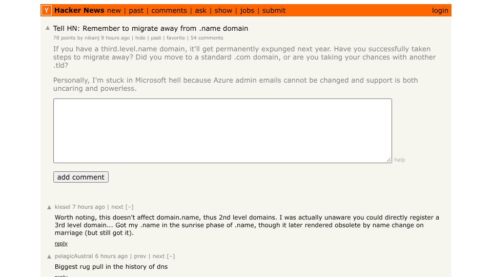 Screenshot of Hacker News post: Tell HN: Remember to migrate away from .name domain